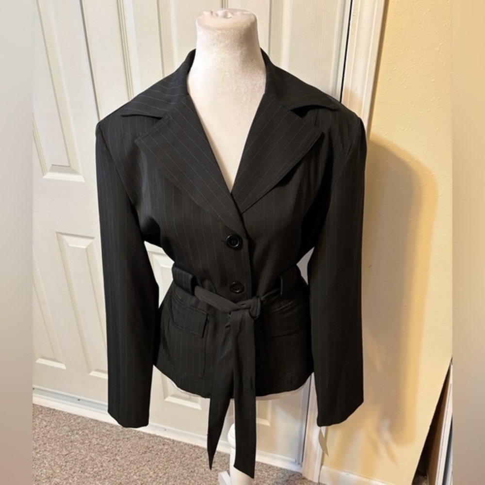 NWT Black Pin Striped Blazer Shirt Turquoise Stripe By Courtenay Size 12